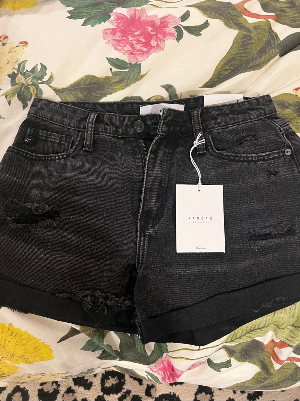 KanCan Black Distressed Rolled-Hem Denim Shorts